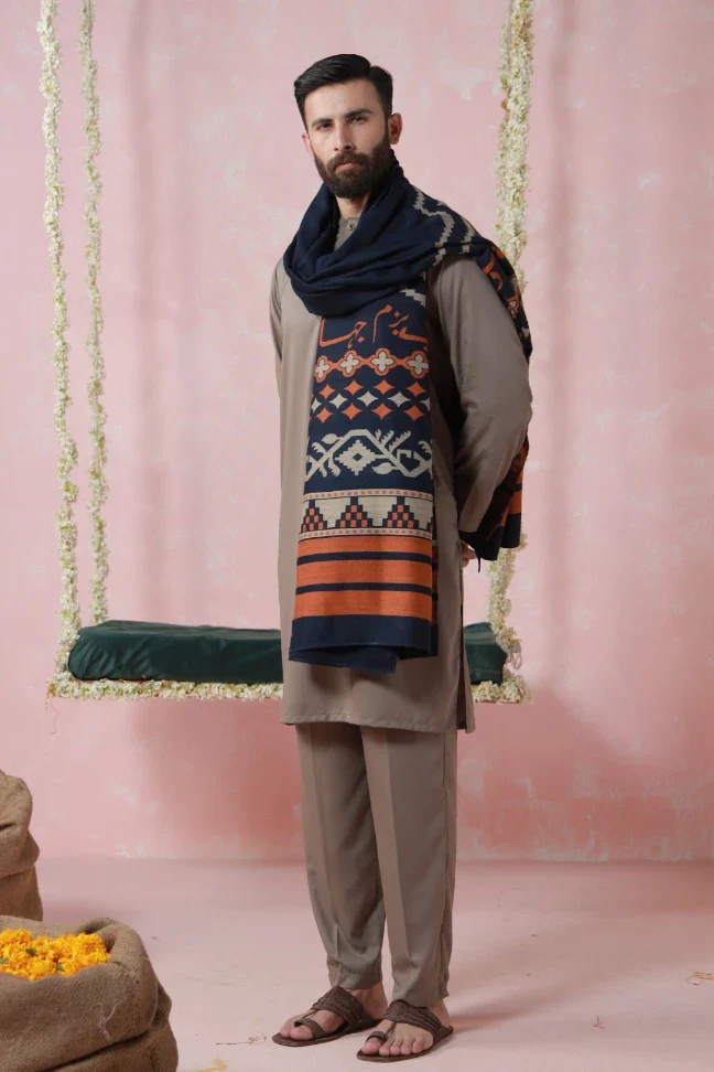 Aghaaz Weaved Shawl - Blue - Image 3