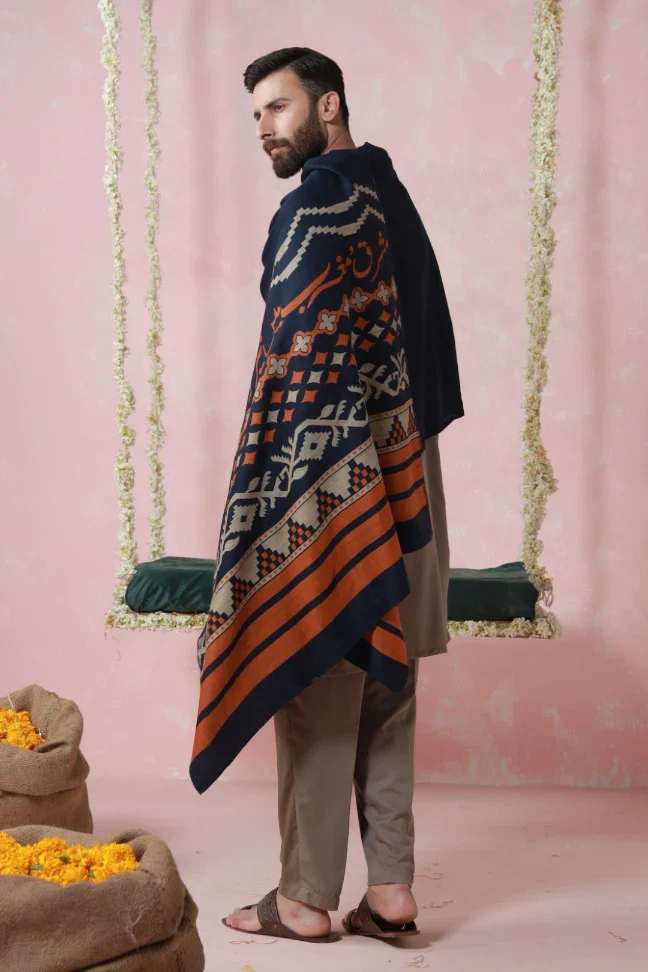 Aghaaz Weaved Shawl - Blue - Image 5