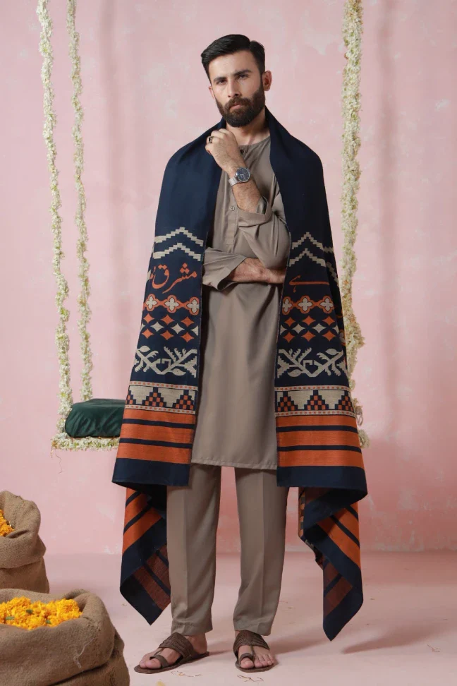 Aghaaz Weaved Shawl - Blue - Image 7