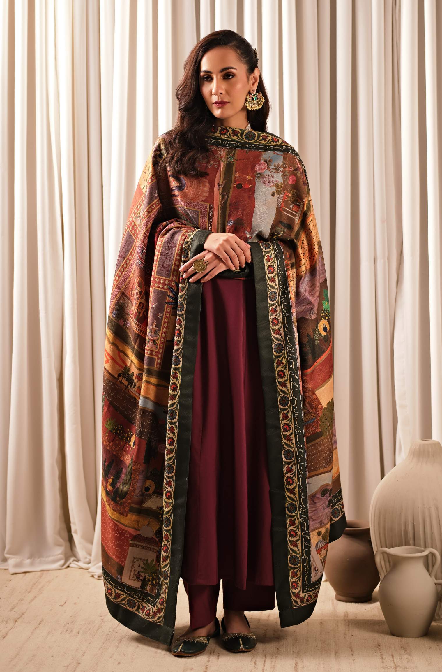 Bagh-e-Mughal Shawl - Green & Rust - Image 2