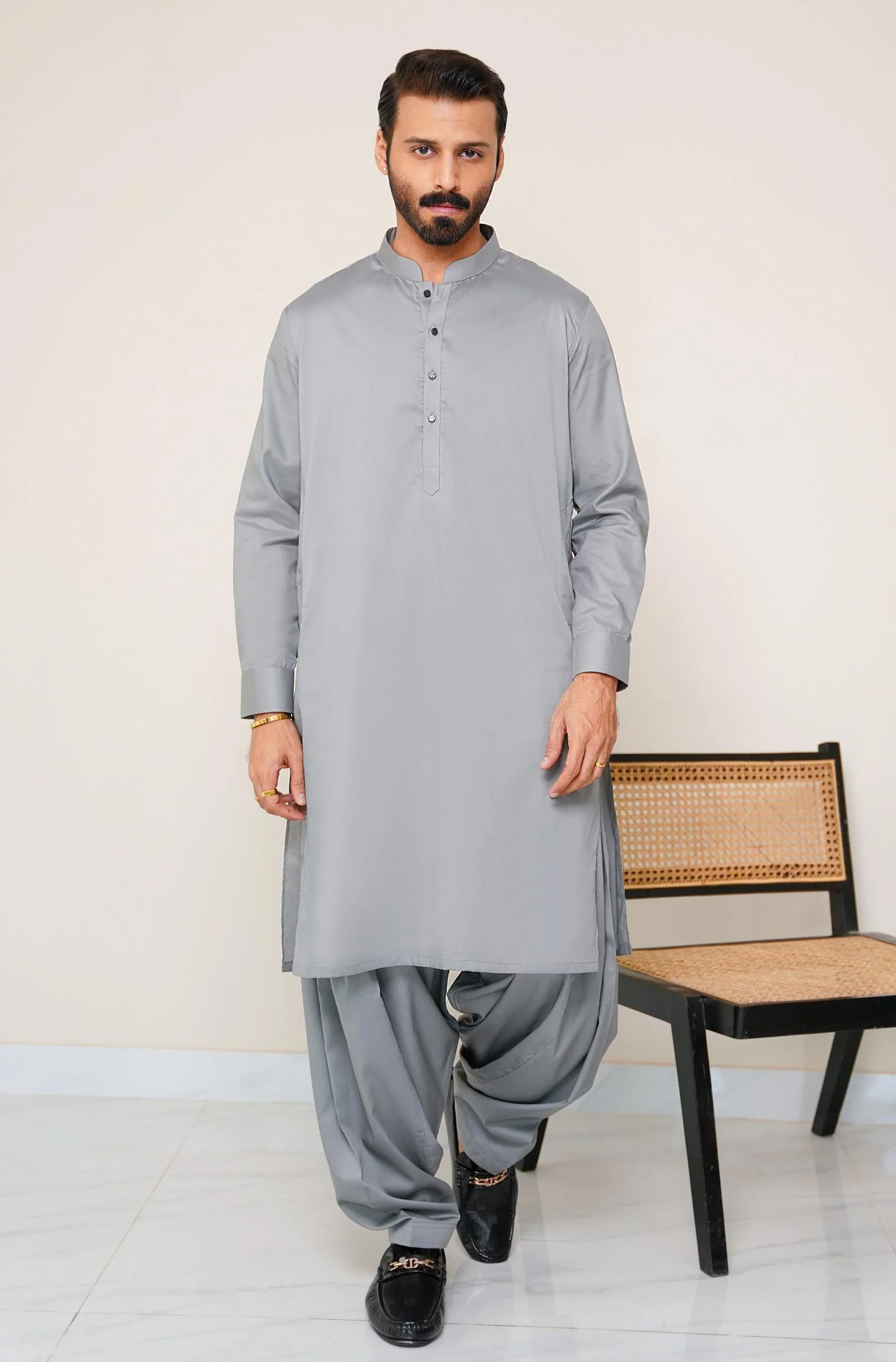 Cotton Kameez Shalwar - Grey (Men) - Image 5