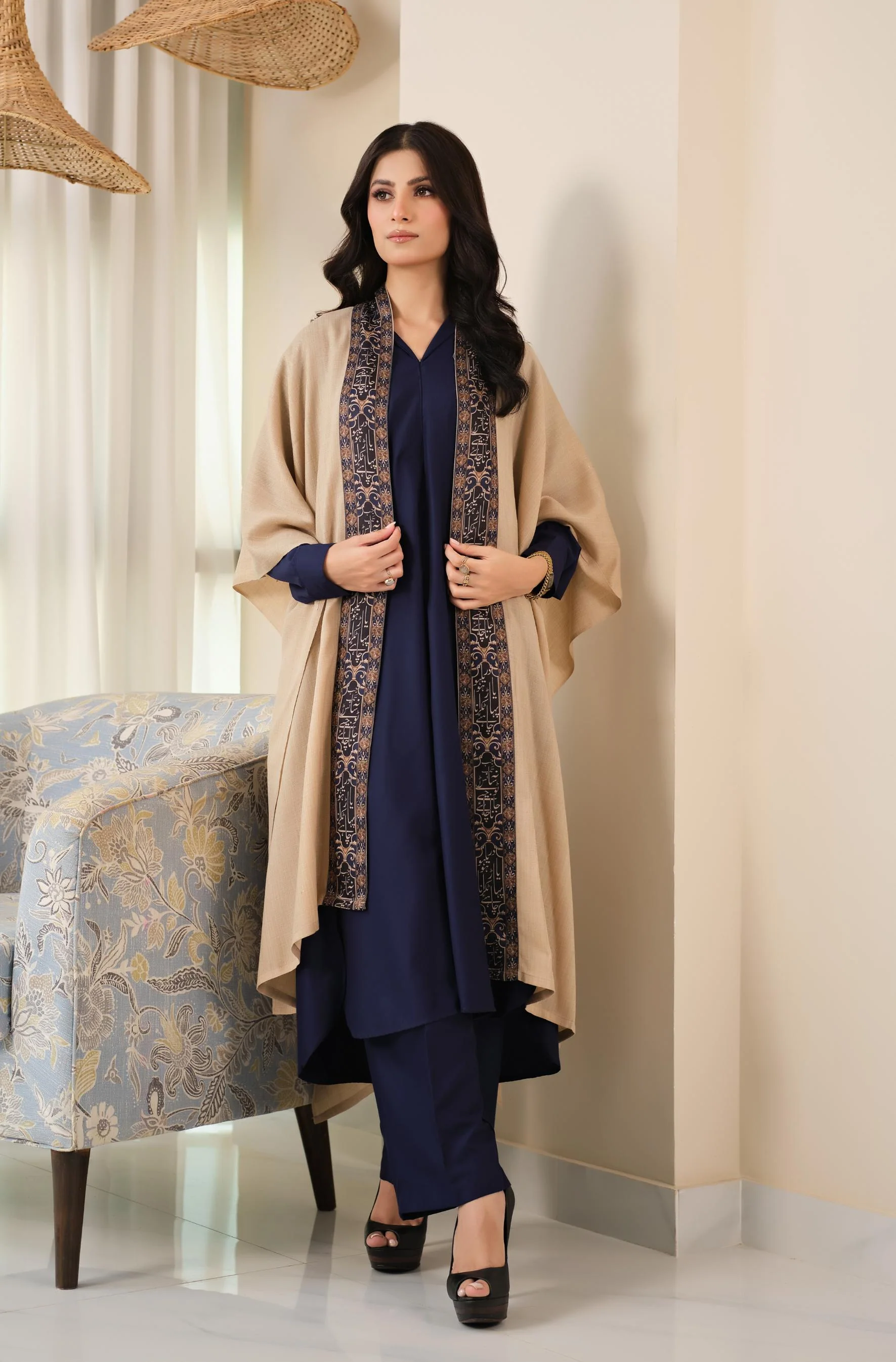 Dariya Cape - Beige & Blue - Image 4