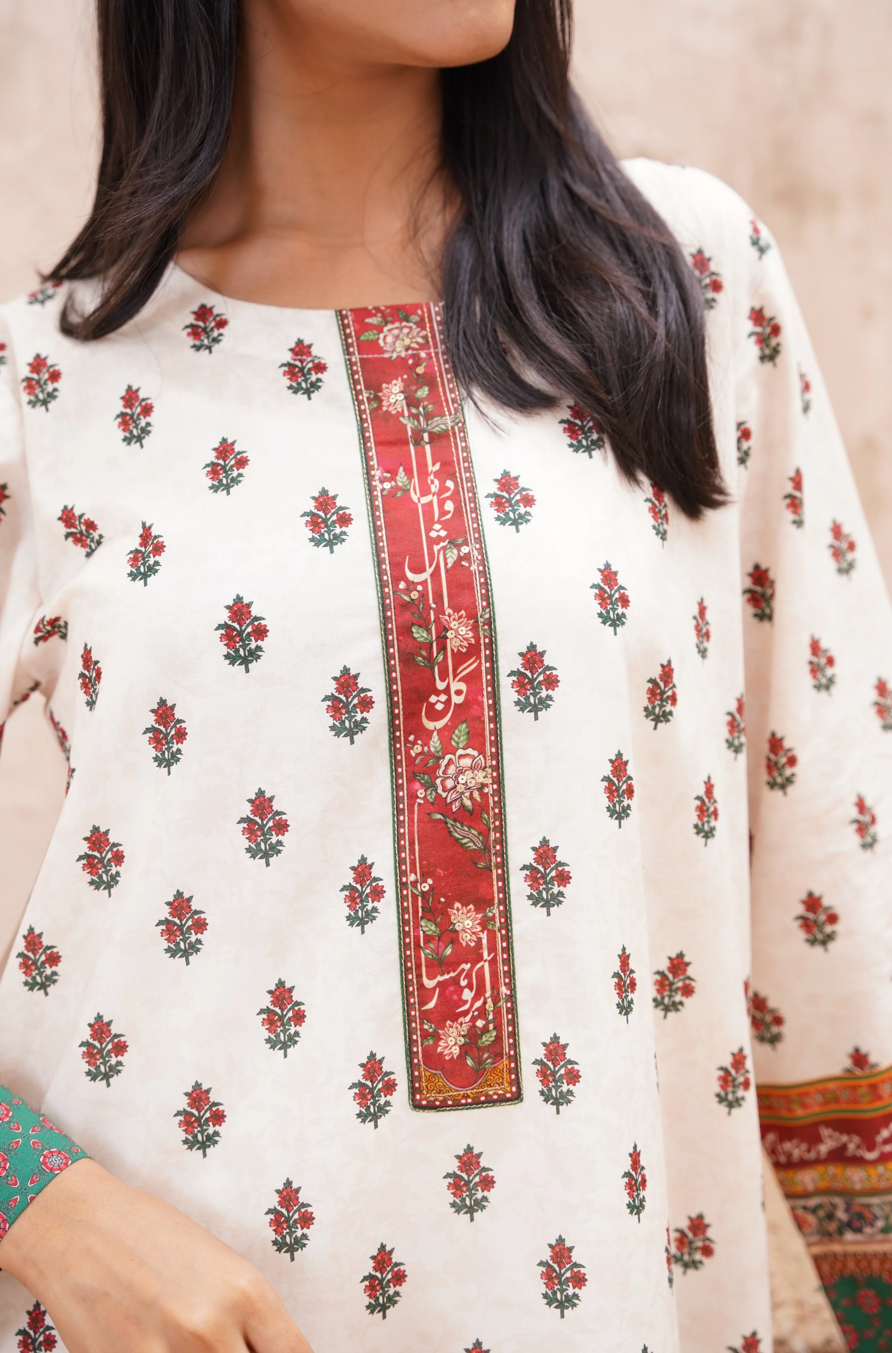 Fitrat Kurta - Off White & Green - Image 6