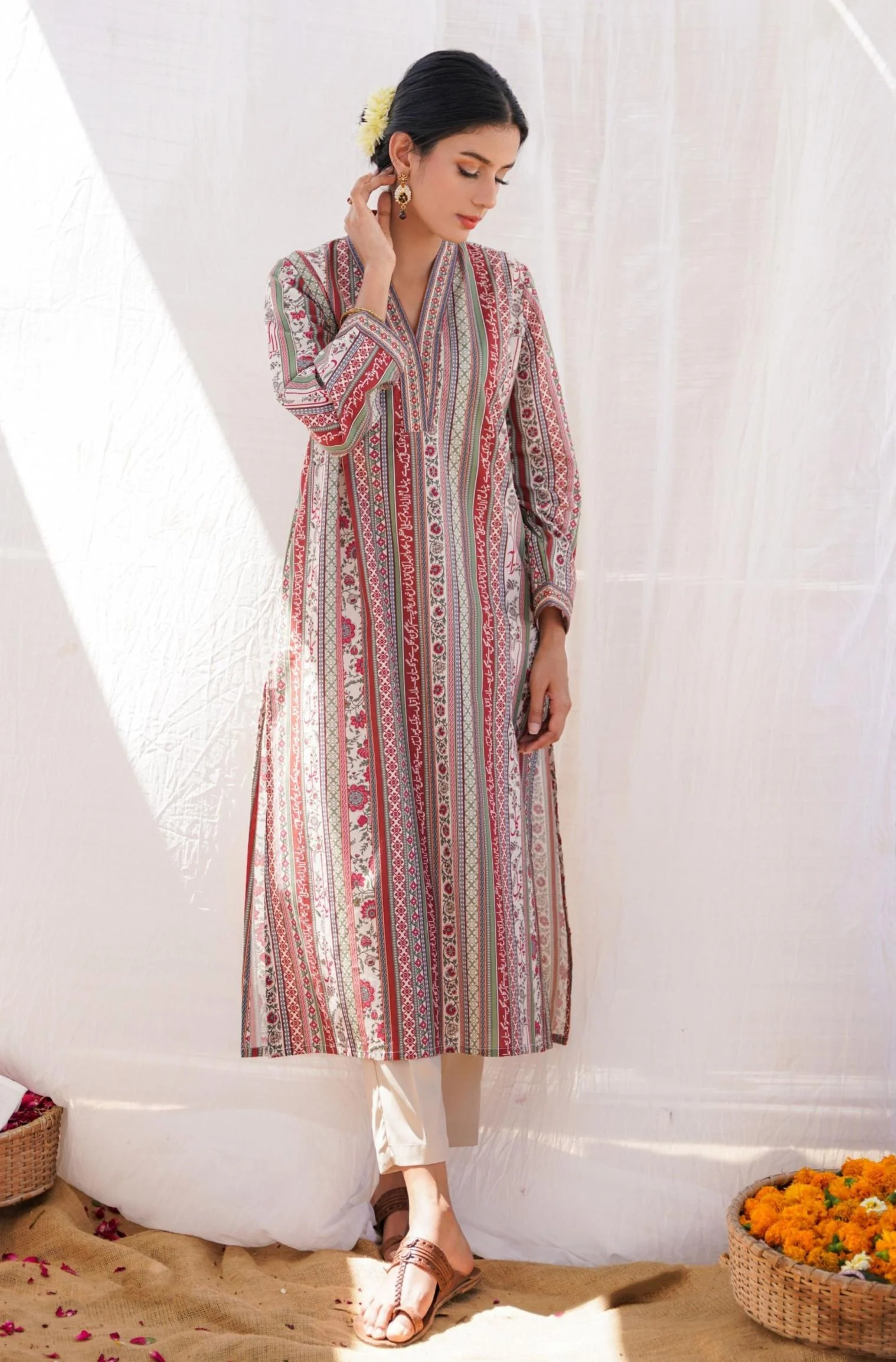 Gulistan Stripes Kurta - Brick Red