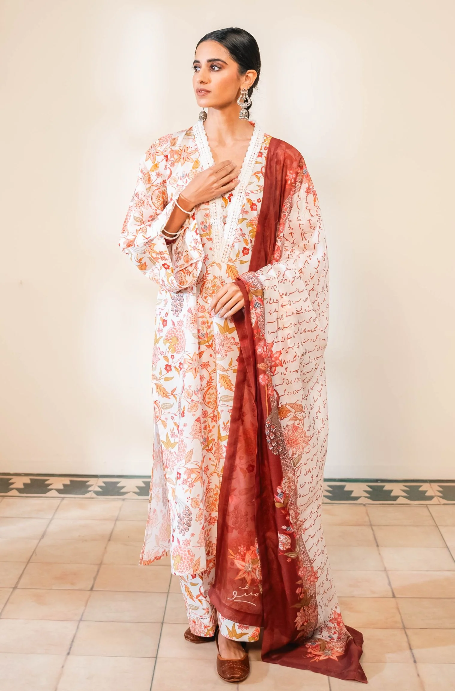 Gulnaar Co-Ord Set - Off White & Maroon - Image 5