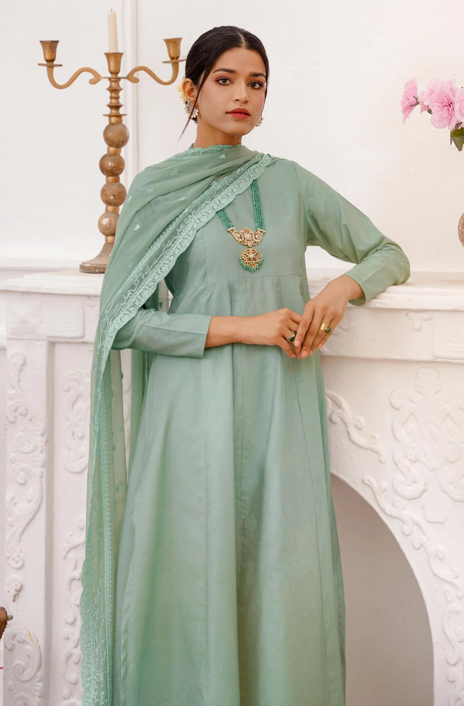 Jahaan Embroidered Dupatta - Sage Green - Image 3