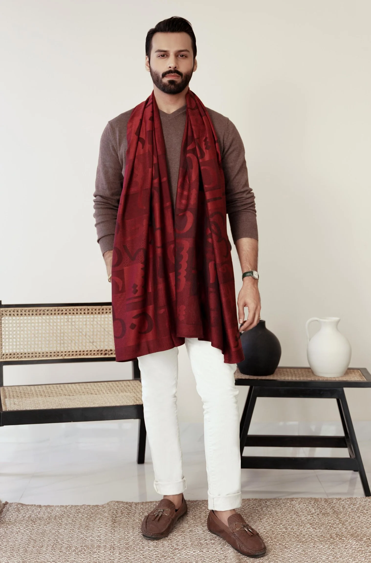 Jazba Weaved Stole - Maroon - Image 3