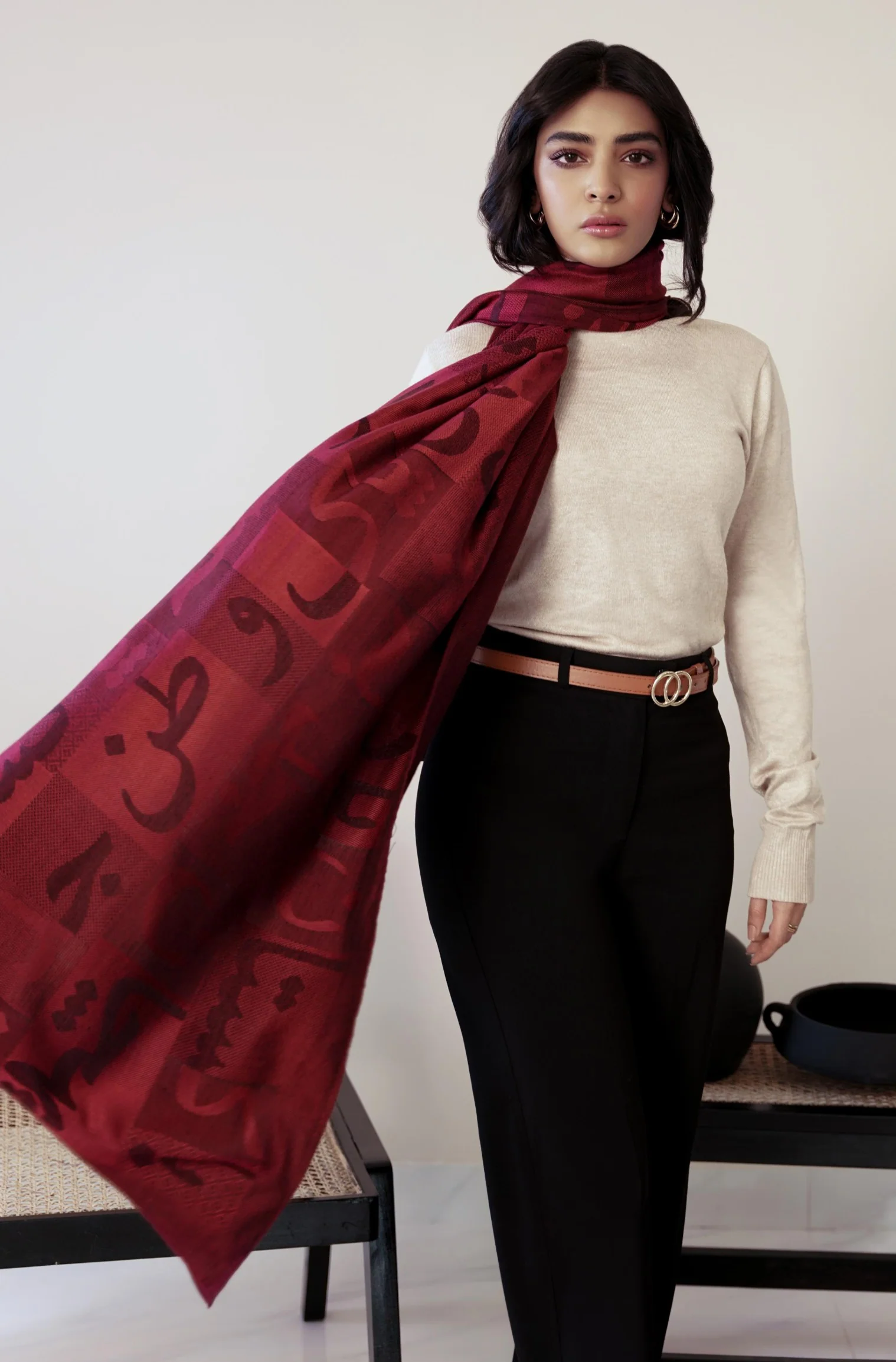 Jazba Weaved Stole - Maroon - Image 6