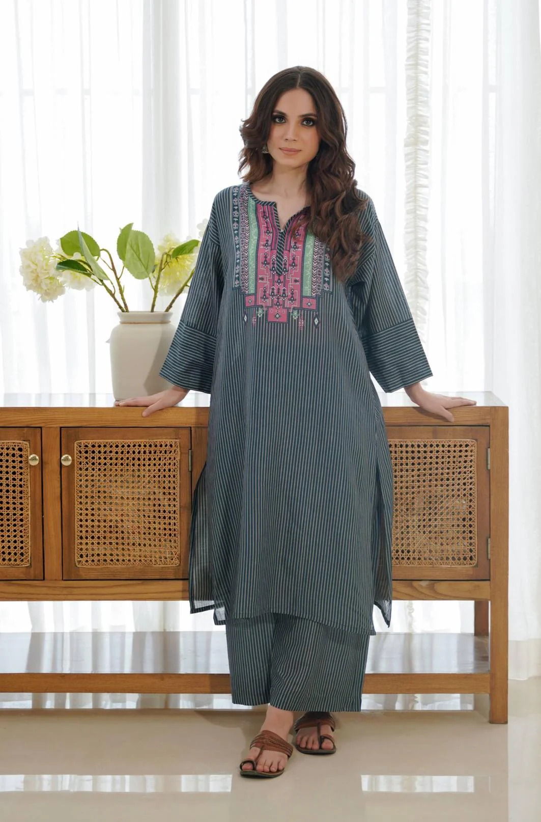 Naqsh Co-ord Set - Teal & Grey