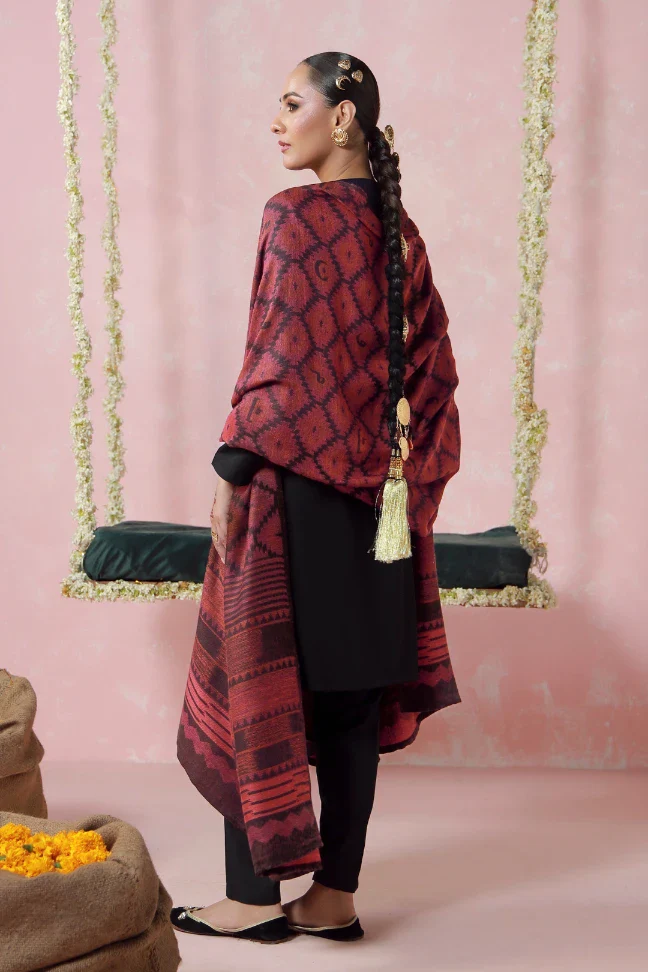 Parwana Weaved Shawl - Maroon - Image 3