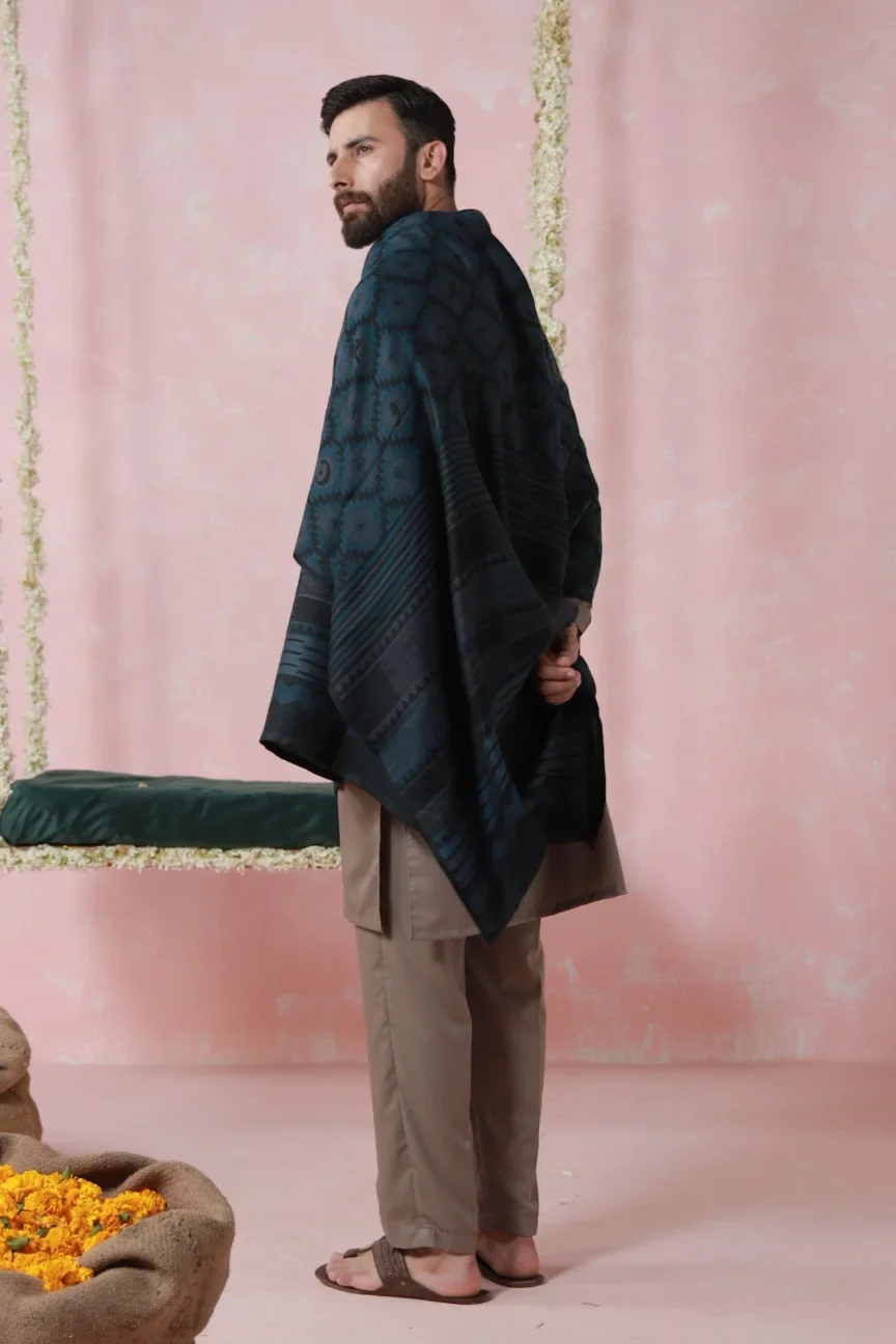 Parwana Weaved Shawl - Teal - Image 2