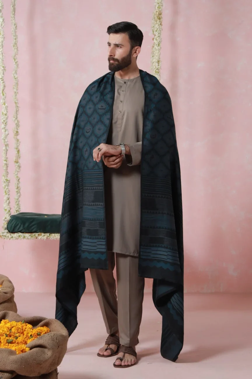 Parwana Weaved Shawl - Teal - Image 3