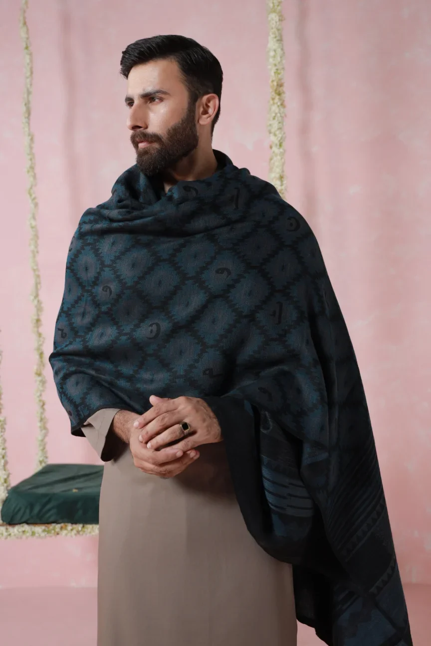 Parwana Weaved Shawl - Teal - Image 4