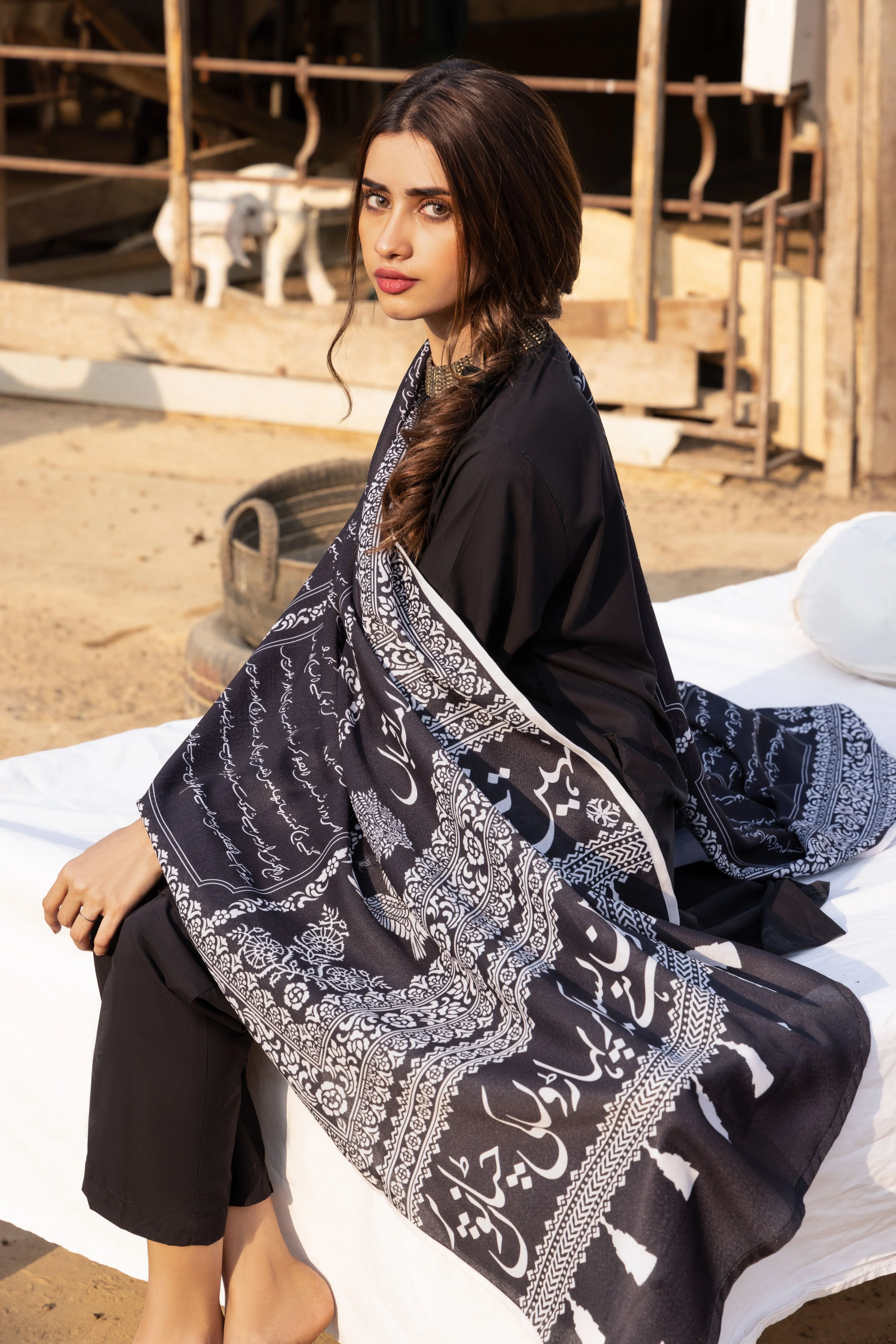 Shaheen Odhni - Raven Black with White Text - Image 3
