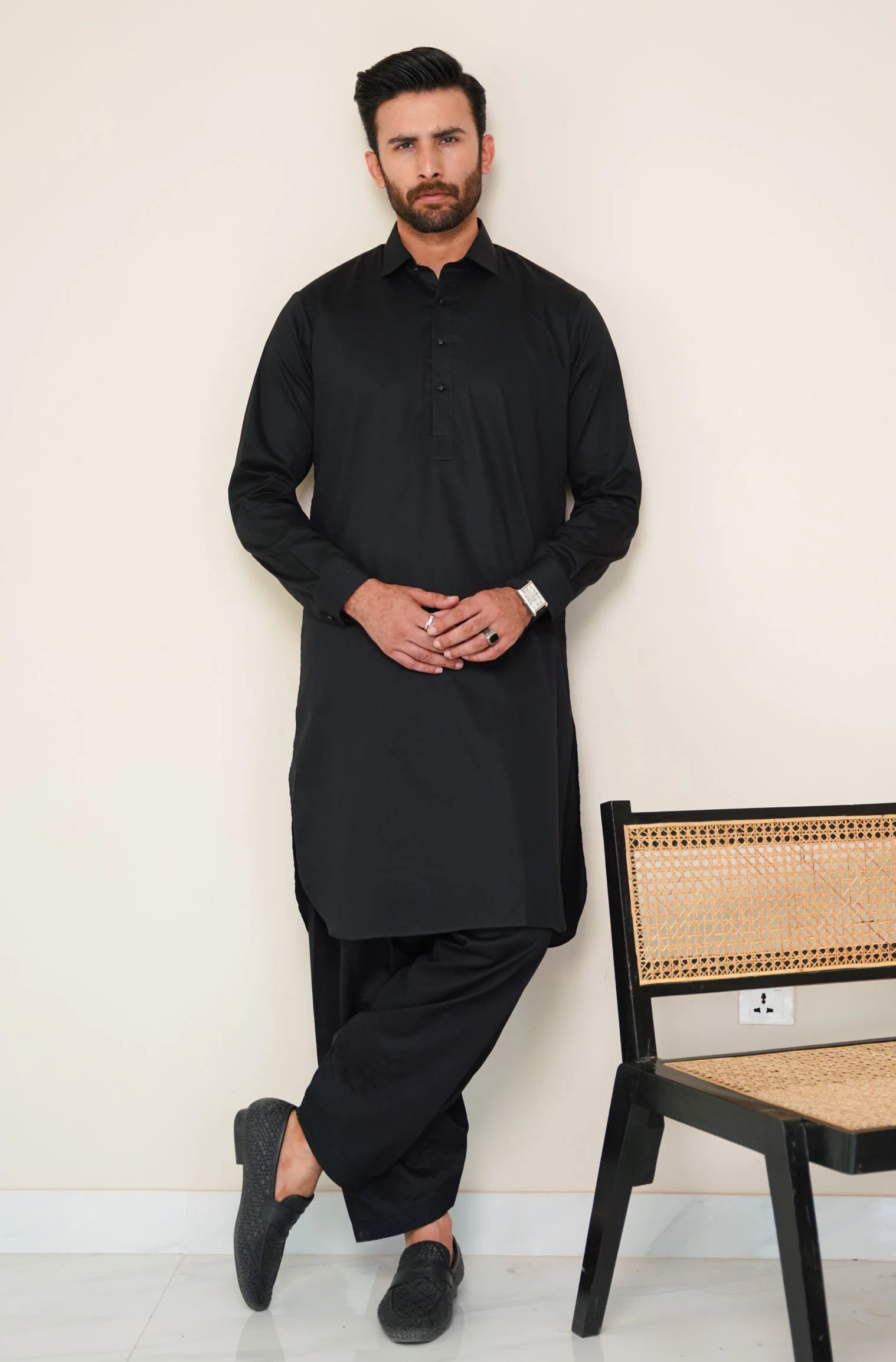 Textured Cotton Kameez Shalwar - Jet Black (Men)