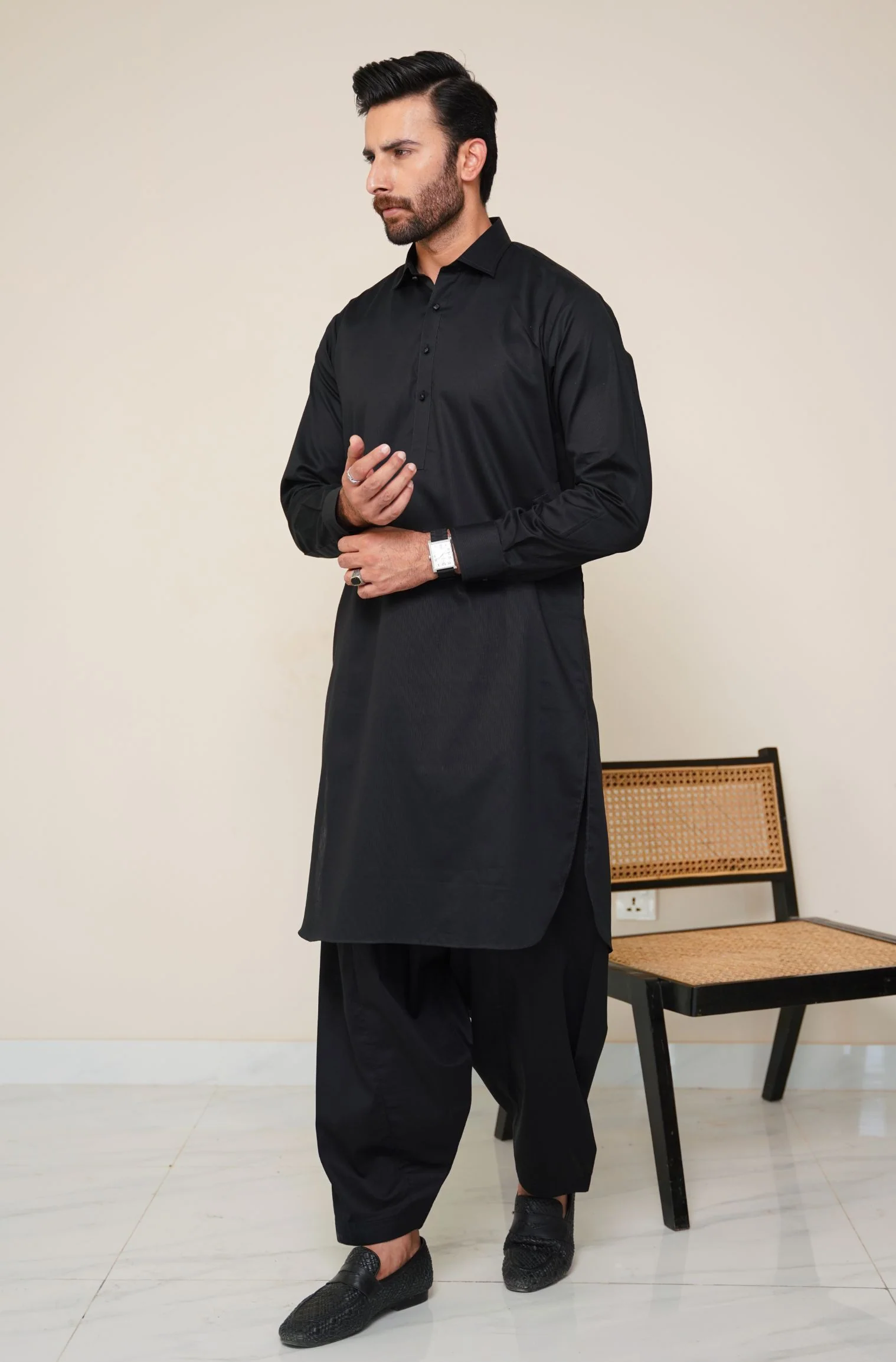 Textured Cotton Kameez Shalwar - Jet Black (Men) - Image 2