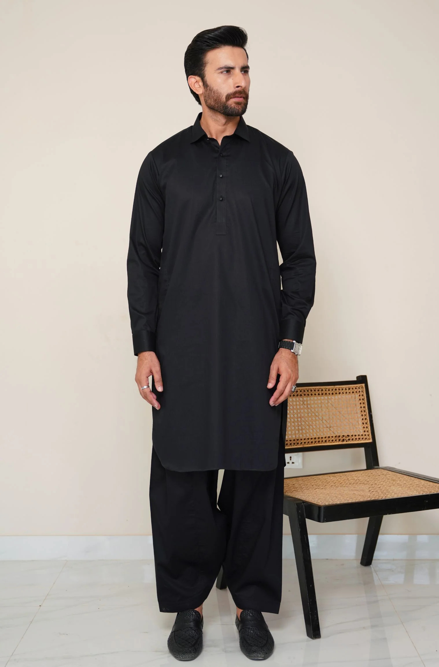 Textured Cotton Kameez Shalwar - Jet Black (Men) - Image 6
