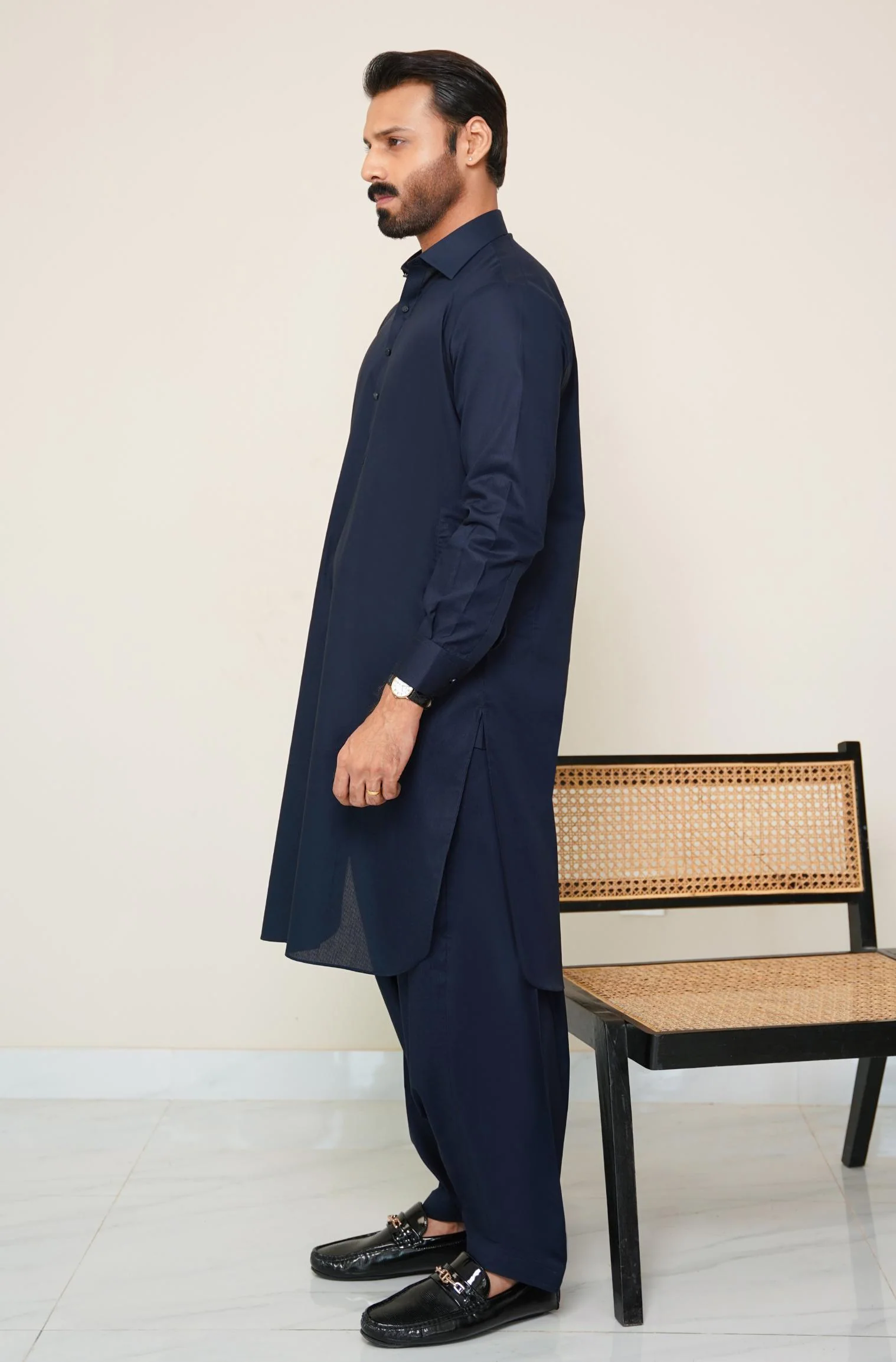 Textured Cotton Kameez Shalwar - Midnight Blue (Men) - Image 3