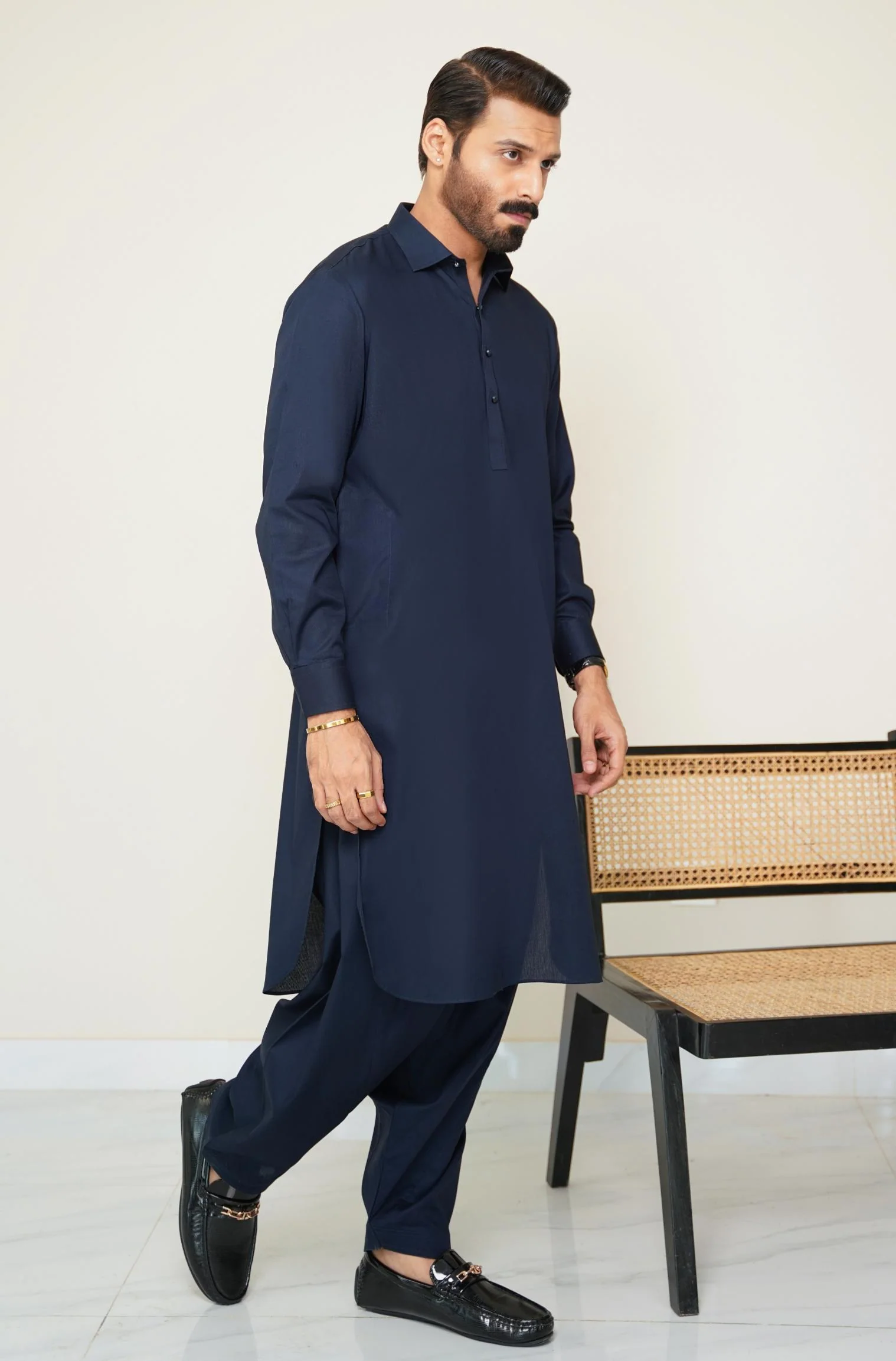 Textured Cotton Kameez Shalwar - Midnight Blue (Men) - Image 6