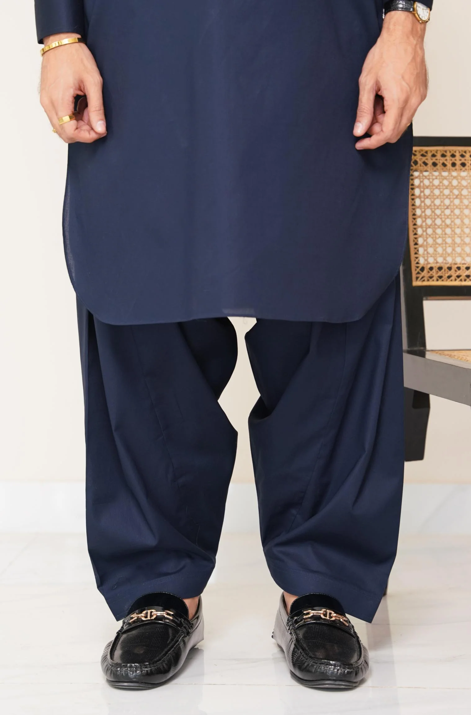 Textured Cotton Kameez Shalwar - Midnight Blue (Men) - Image 9