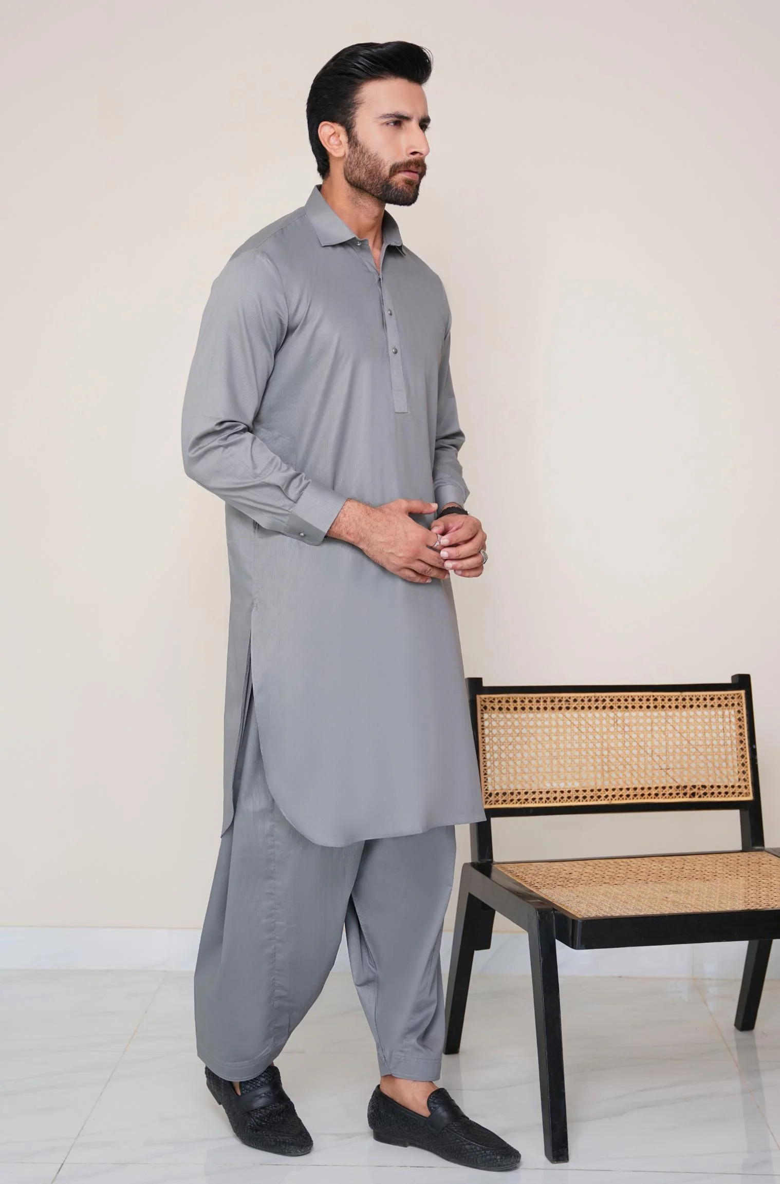 Textured Cotton Kameez Shalwar - Stone Grey (Men) - Image 3