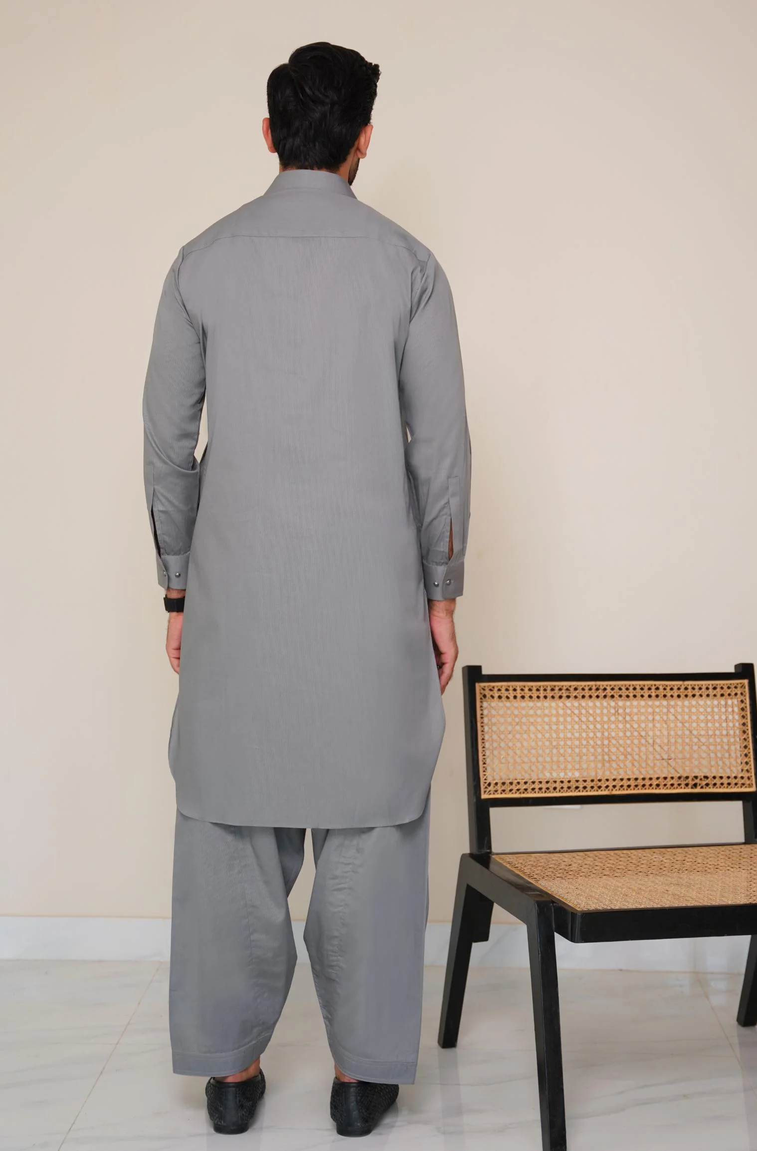 Textured Cotton Kameez Shalwar - Stone Grey (Men) - Image 4