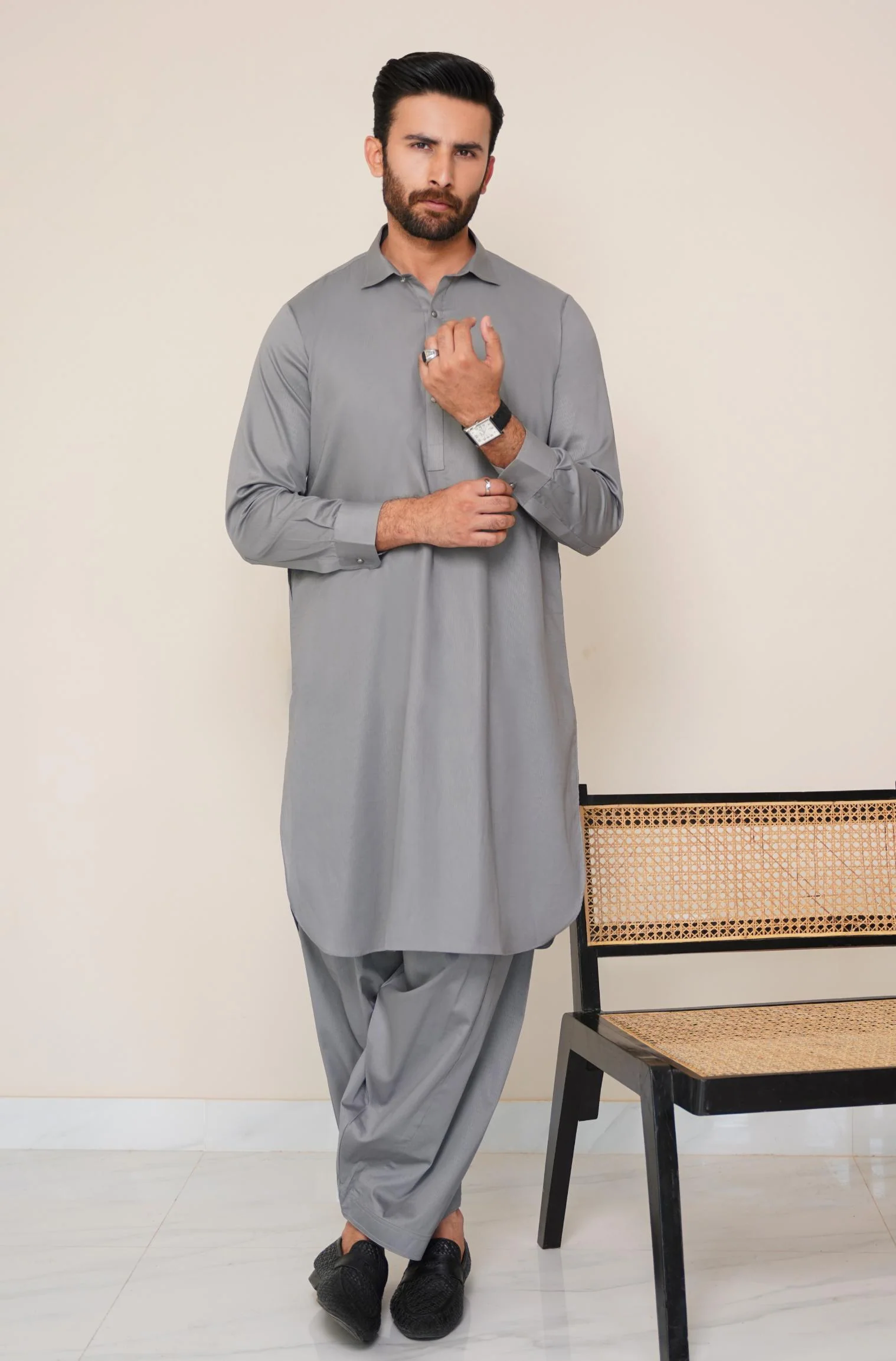 Textured Cotton Kameez Shalwar - Stone Grey (Men) - Image 5