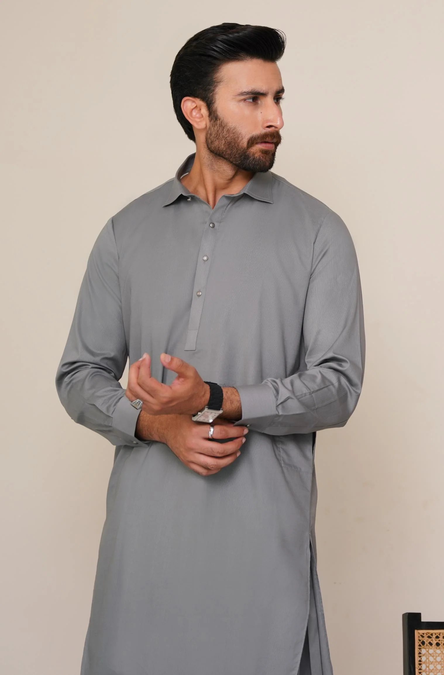 Textured Cotton Kameez Shalwar - Stone Grey (Men) - Image 6