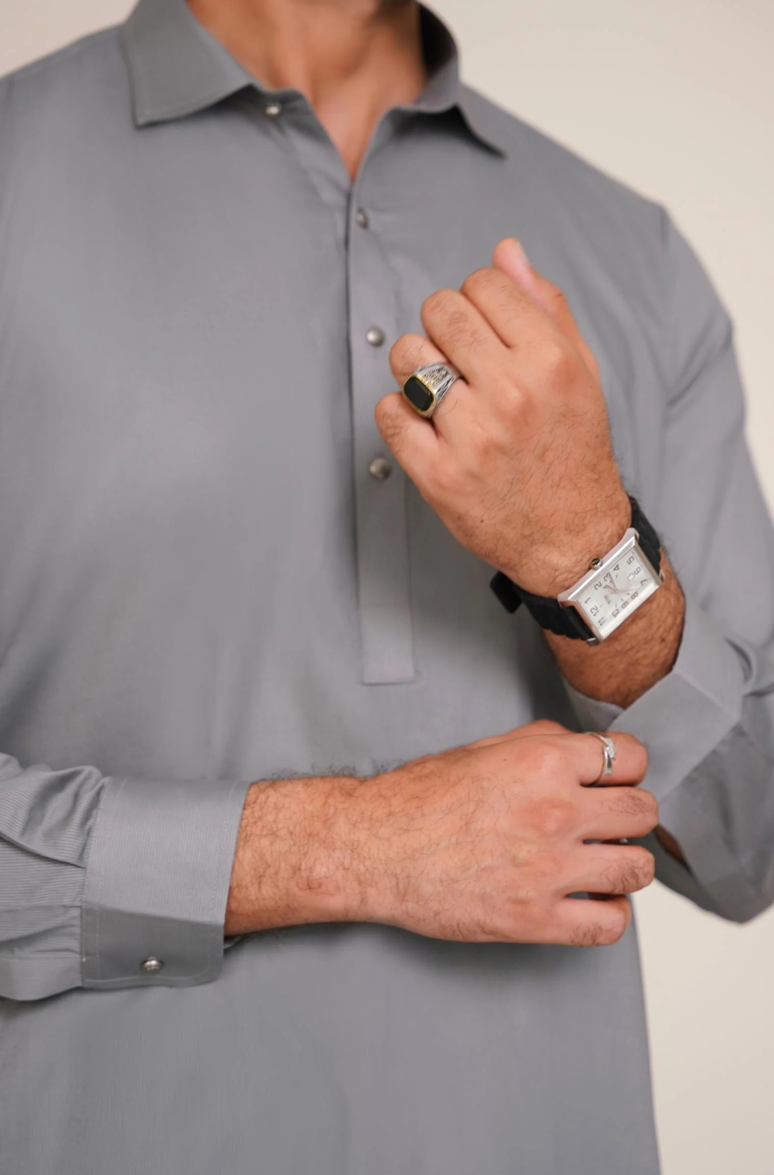 Textured Cotton Kameez Shalwar - Stone Grey (Men) - Image 7